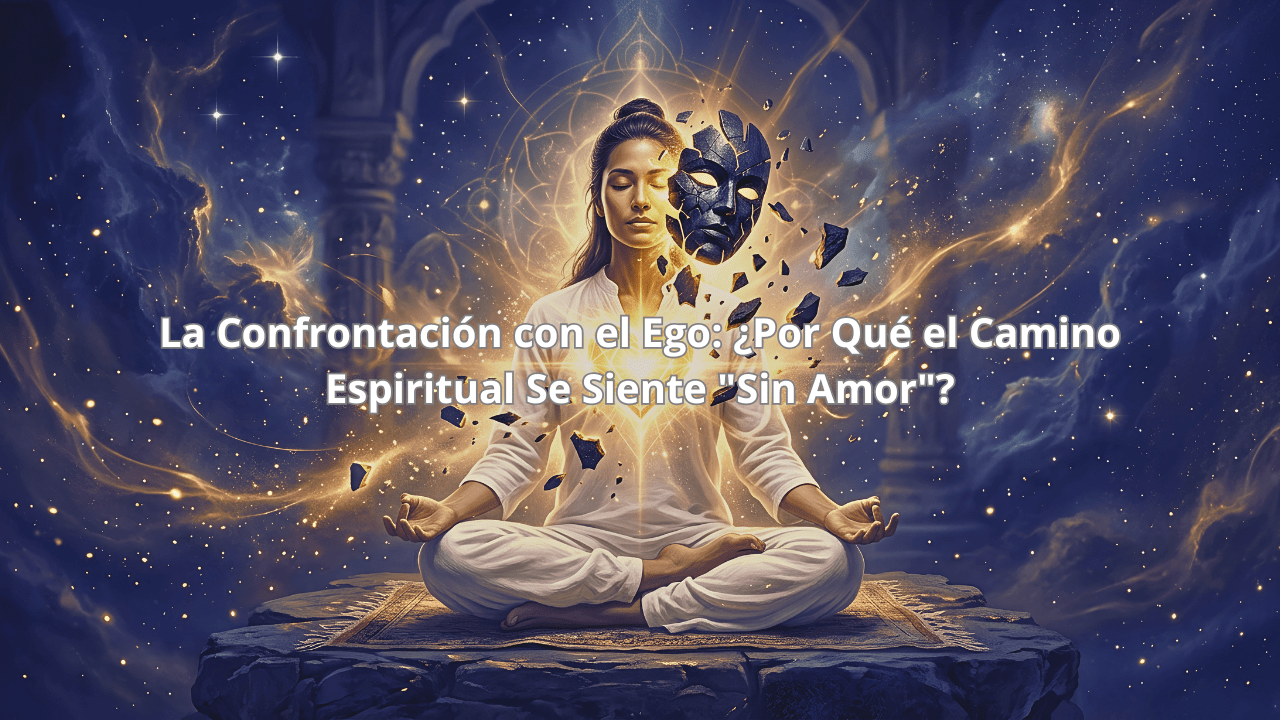 Figura en meditación con la máscara del ego rompiéndose y revelando luz dorada.