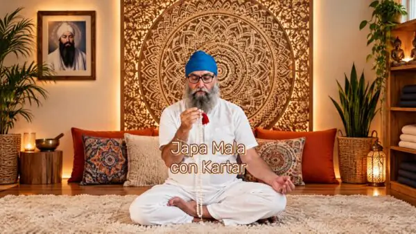 Mano sosteniendo un japa mala durante una meditación de Kundalini Yoga
