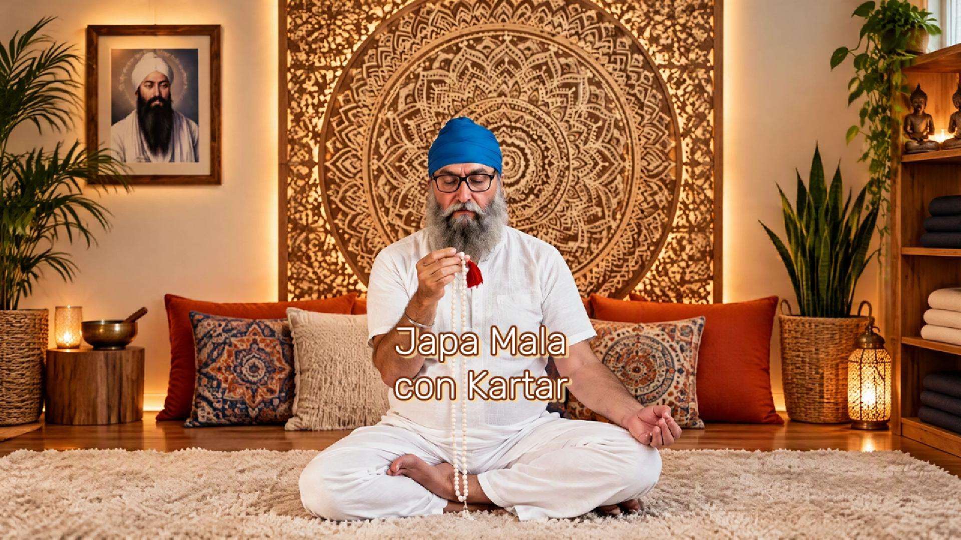 Mano sosteniendo un japa mala durante una meditación de Kundalini Yoga