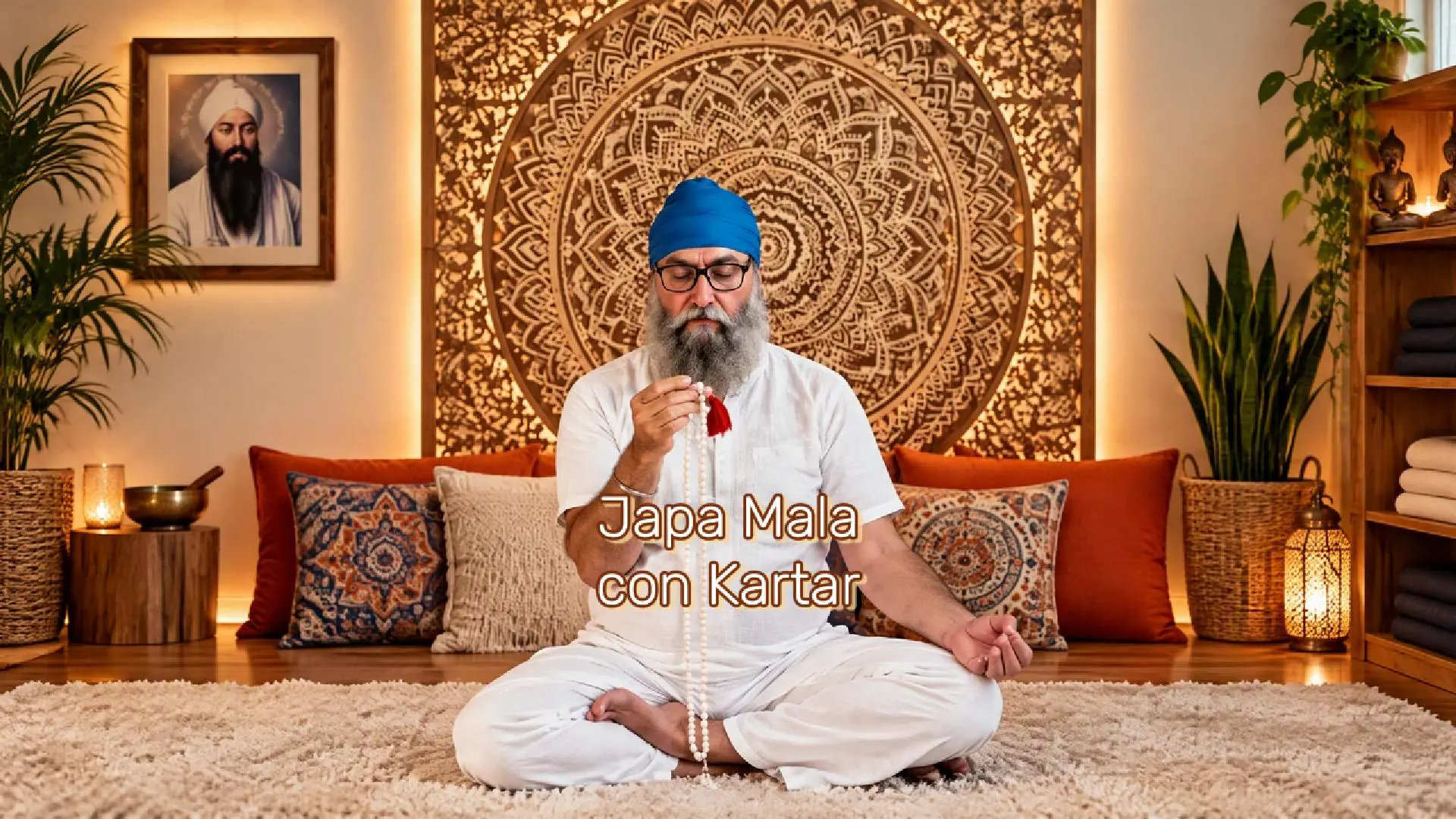 Mano sosteniendo un japa mala durante una meditación de Kundalini Yoga